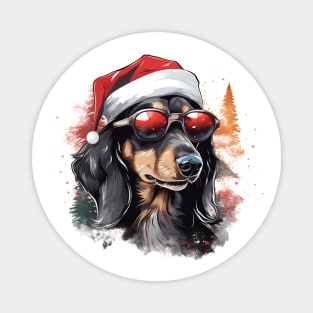Magical Christmas badger dog in the snow: cute four-legged friend with festive hat Magnet